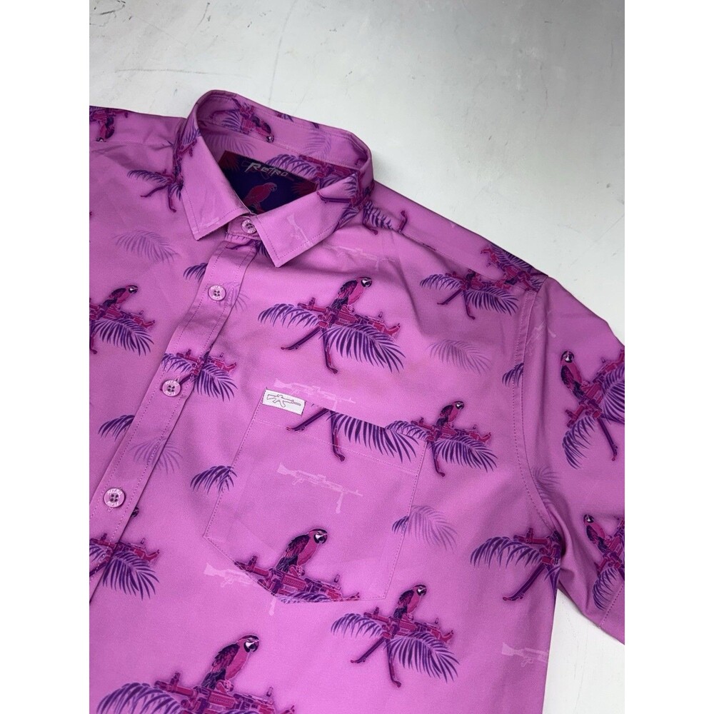 Retro Rifle Shirt Mens XL Saws & Macaws All Over Print Hawaiian Short Sleeve